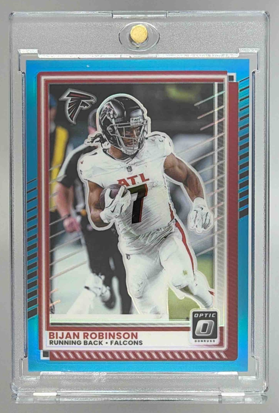 Card image for 2025 Panini Donruss Optic Bijan Robinson Aqua Prizm /349 #118 Falcons