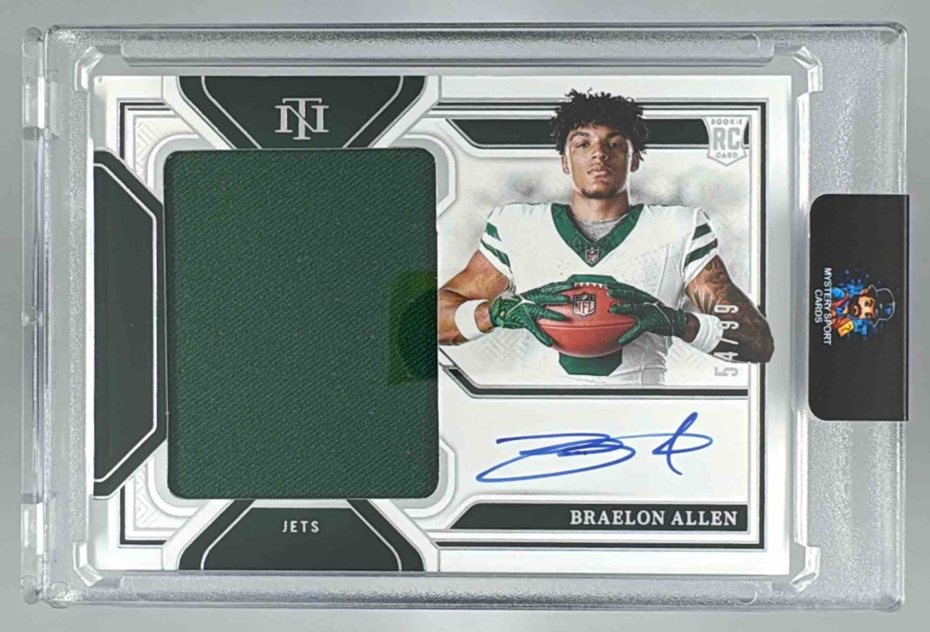Card image for 2025 Panini National Treasures Braelon Allen 2024 Playoff Football Rookie Material Signatures RPS #3 Auto Jets