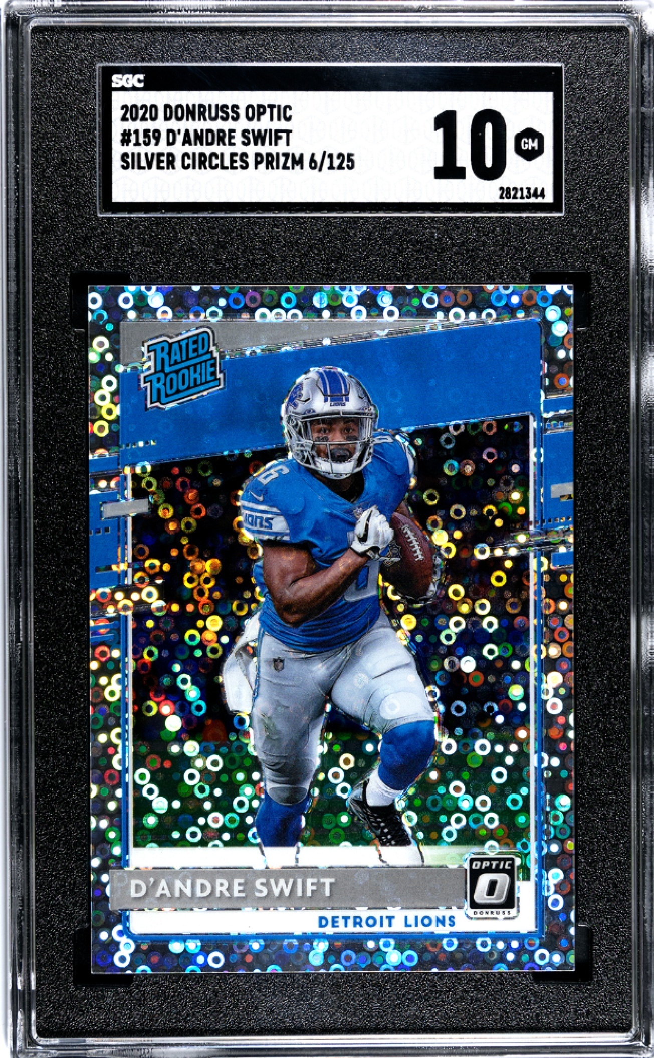 Card image for 2020 Panini Donruss Optic D Andre Swift Silver Circles Prizm /125 #159 RC Lions