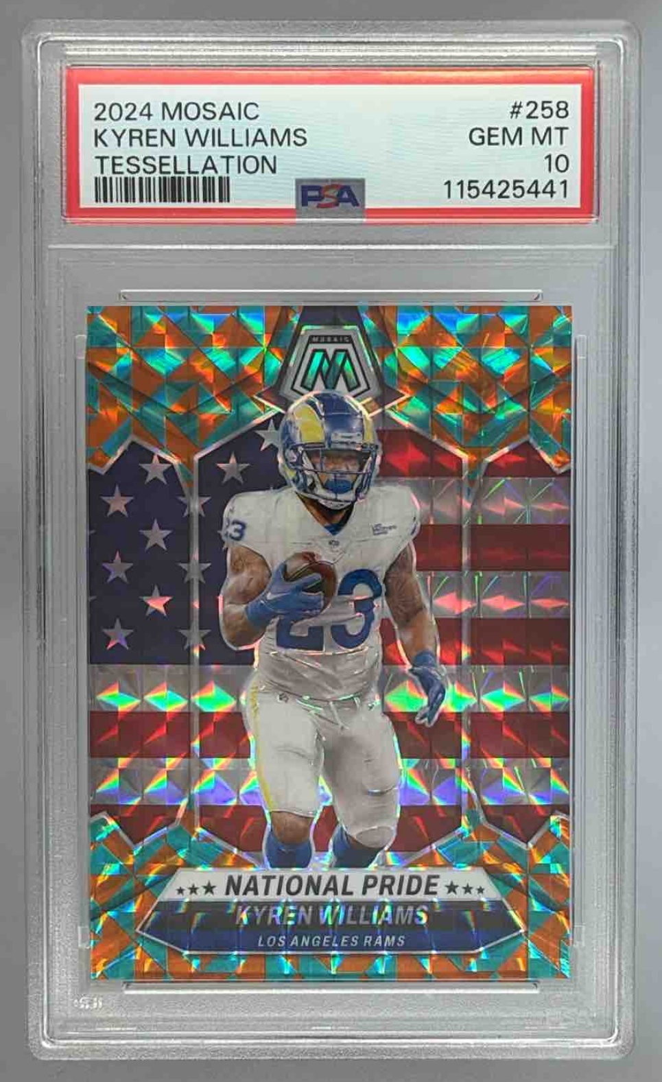 Card image for 2024 Panini Mosaic Kyren Williams Tessellation Prizm /15 #258 National Pride Rams