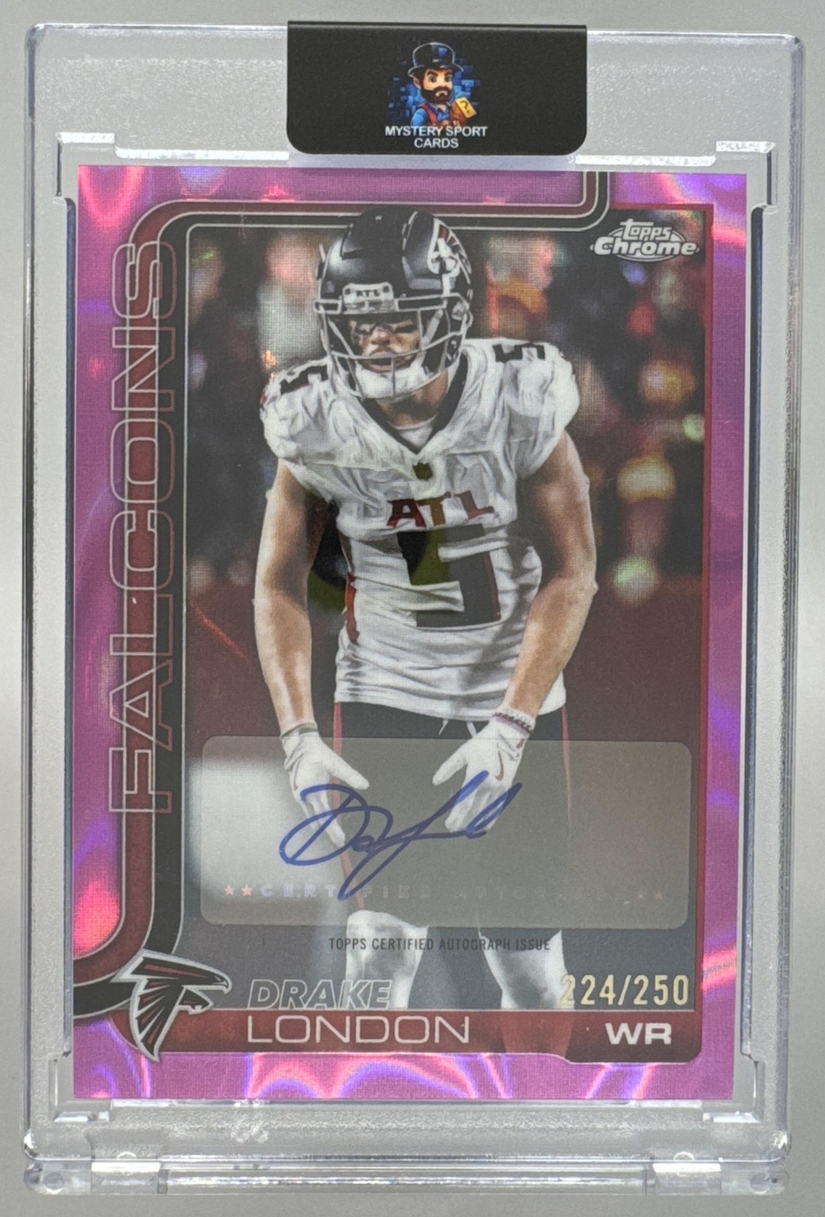 Card image for 2025 Topps Chrome Drake London Auto Pink Lava Refractor /250 #BA-DL Falcons