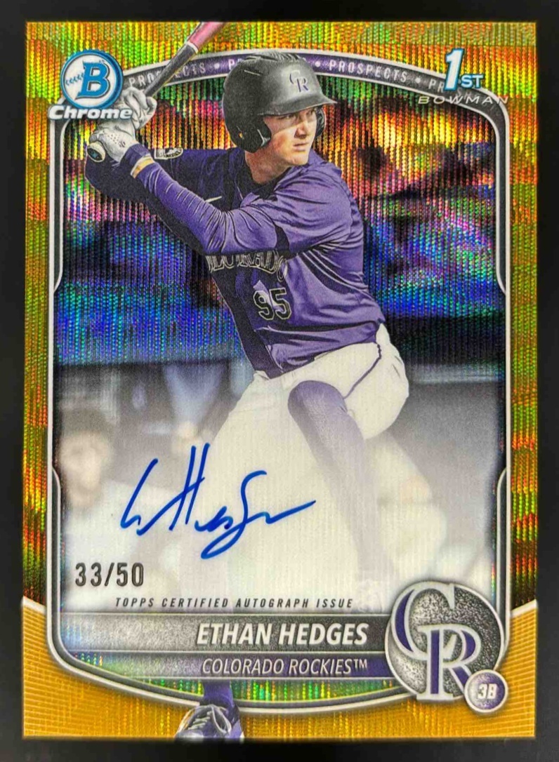 Card image for 2025 Bowman Draft Ethan Hedges Chrome Auto Gold Wave Refractor /50 1st Prospect
