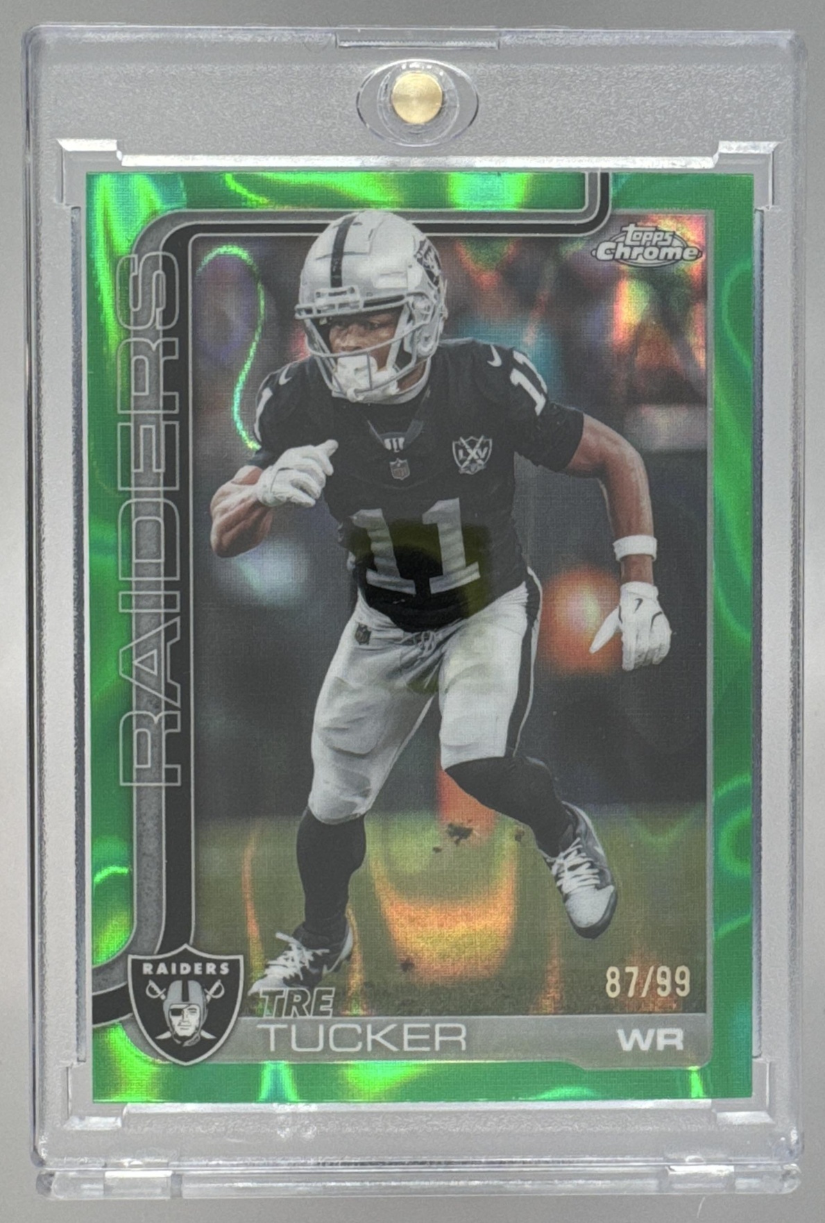 Card image for 2025 Topps Chrome Tre Tucker Green Lava Refractor /99 #175 Raiders