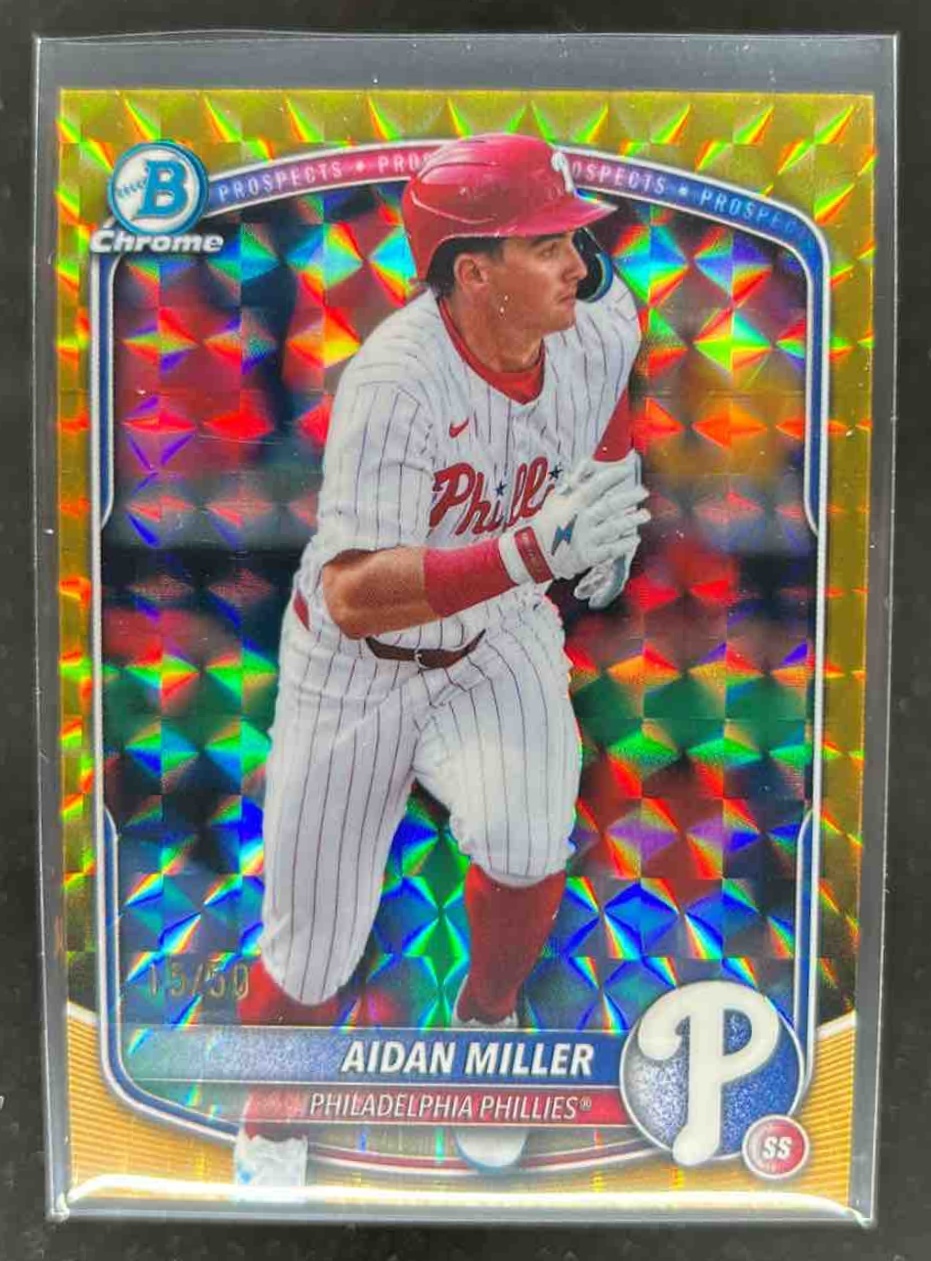 Card image for Aidan Miller 2025 Bowman Draft Chrome Gold Geometric Refractor /50