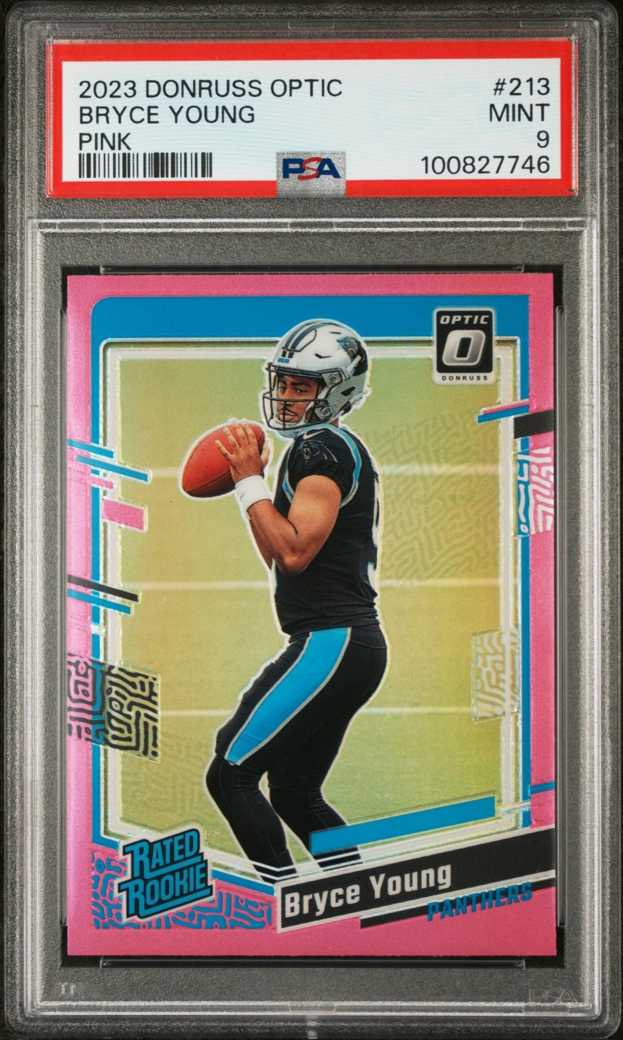 Card image for 2023 Panini Donruss Optic Bryce Young Pink Prizm #213 RC Rated Rookie Panthers