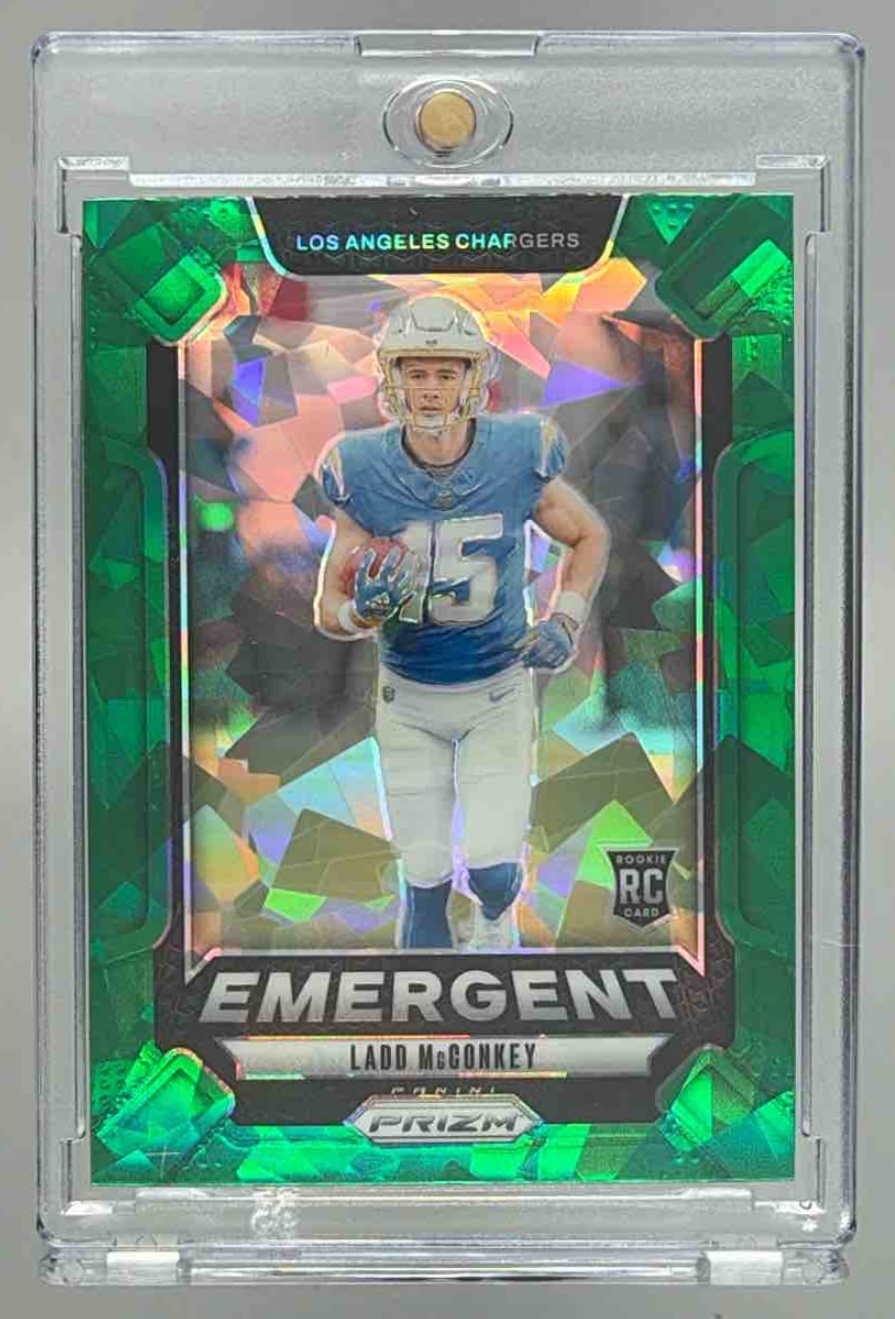 Card image for 2024 Panini Prizm Ladd McConkey Emergent Green Wave #13 RC Chargers