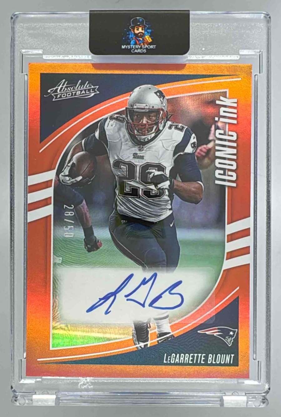 Card image for 2025 Panini Absolute LeGarrette Blount Iconic Ink Orange /50 #II-LBT Auto Patriots