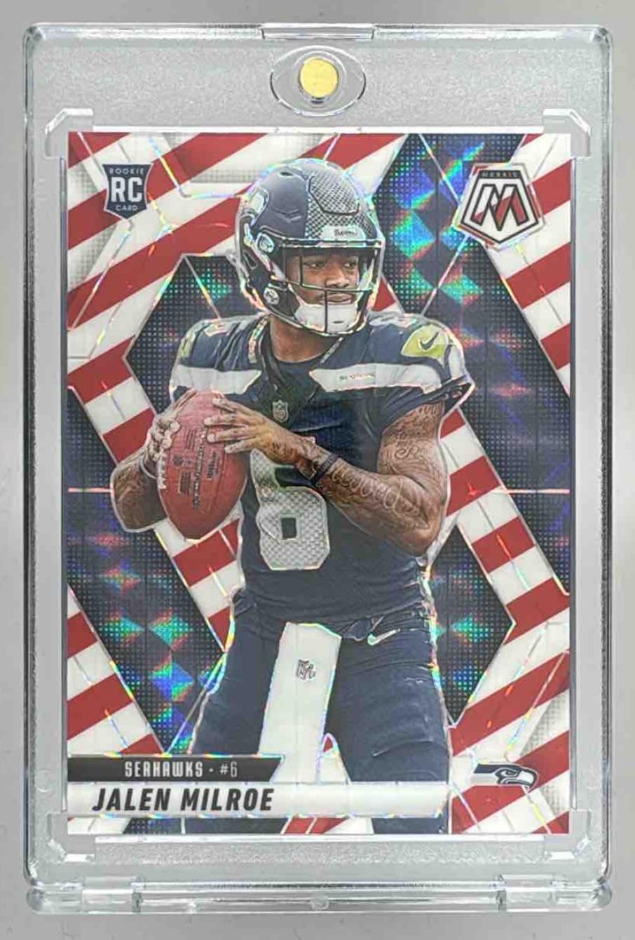 Card image for 2025 Panini Mosaic Jalen Milroe Rookies Red and White Stripe Prizm #322 RC Seahawks