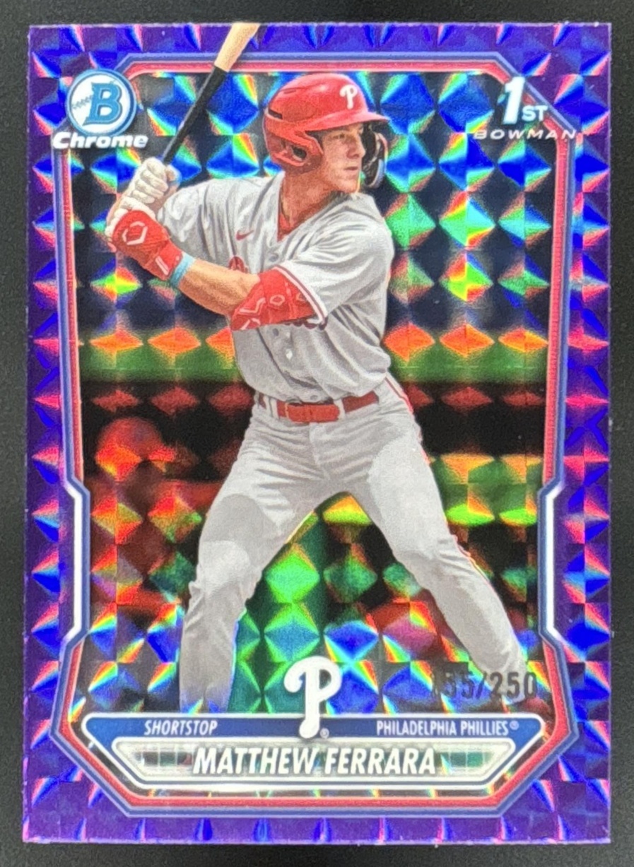 Card image for 2026 Bowman Matthew Ferrara Chrome Purple Geometric Refractor /250 1st Prospect