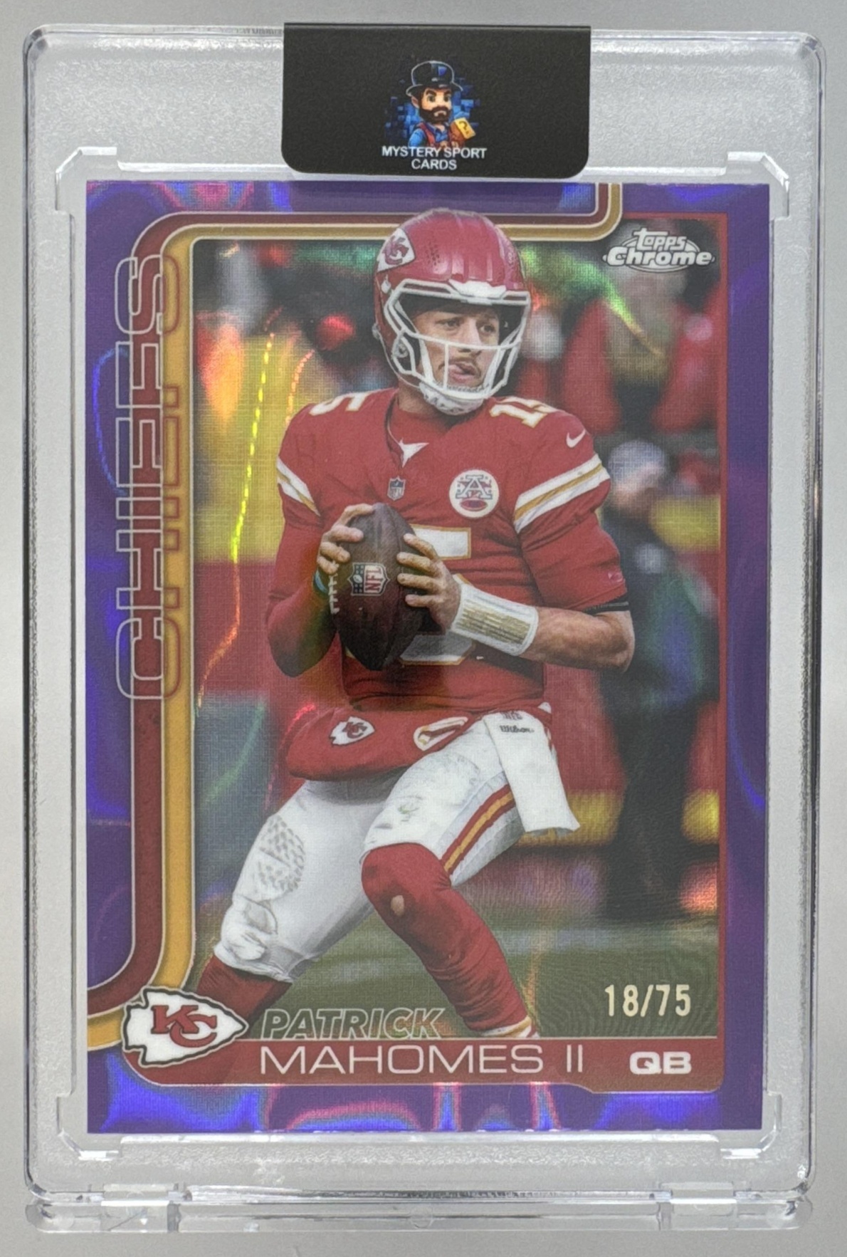 Card image for 2025 Topps Chrome Patrick Mahomes II Purple Wave Refractor /75 #148 Chiefs
