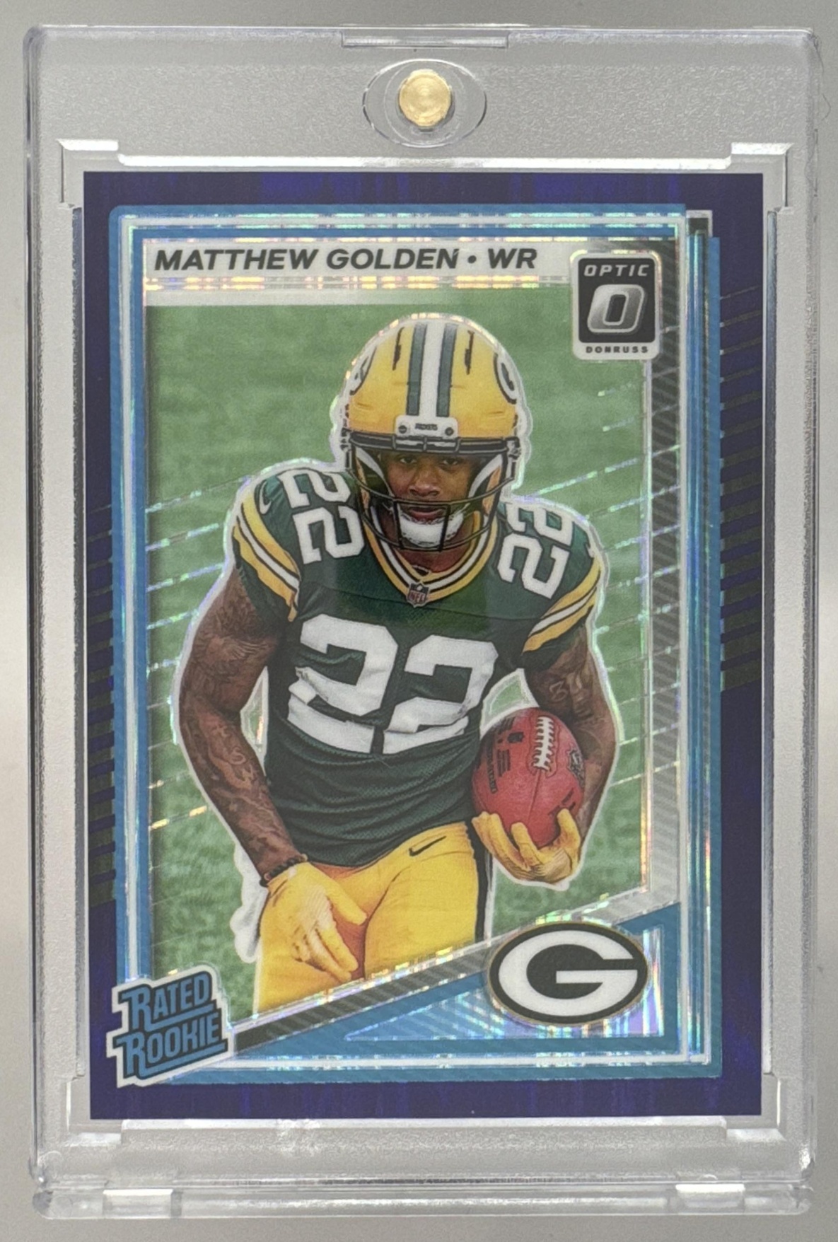 Card image for 2025 Panini Donruss Optic Matthew Golden Rated Rookie Green Hyper Prizm #205 Packers