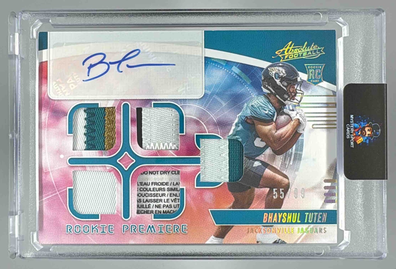 Card image for 2025 Panini Absolute Bhayshul Tuten Rookie Premiere Materials Autos Five /99 #RPM-BTN MEM RC Auto Jaguars