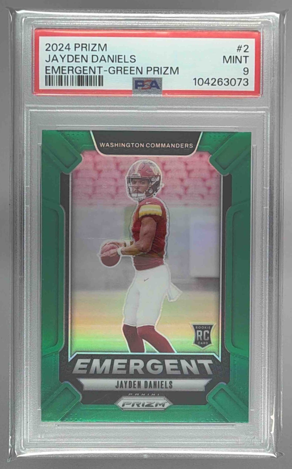 Card image for 2024 Panini Prizm Jayden Daniels Emergent Green #2 RC Commanders