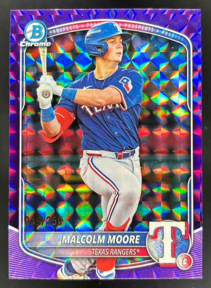 Card image for 2025 Bowman Draft Malcolm Moore Chrome Purple Geometric Refractor /250