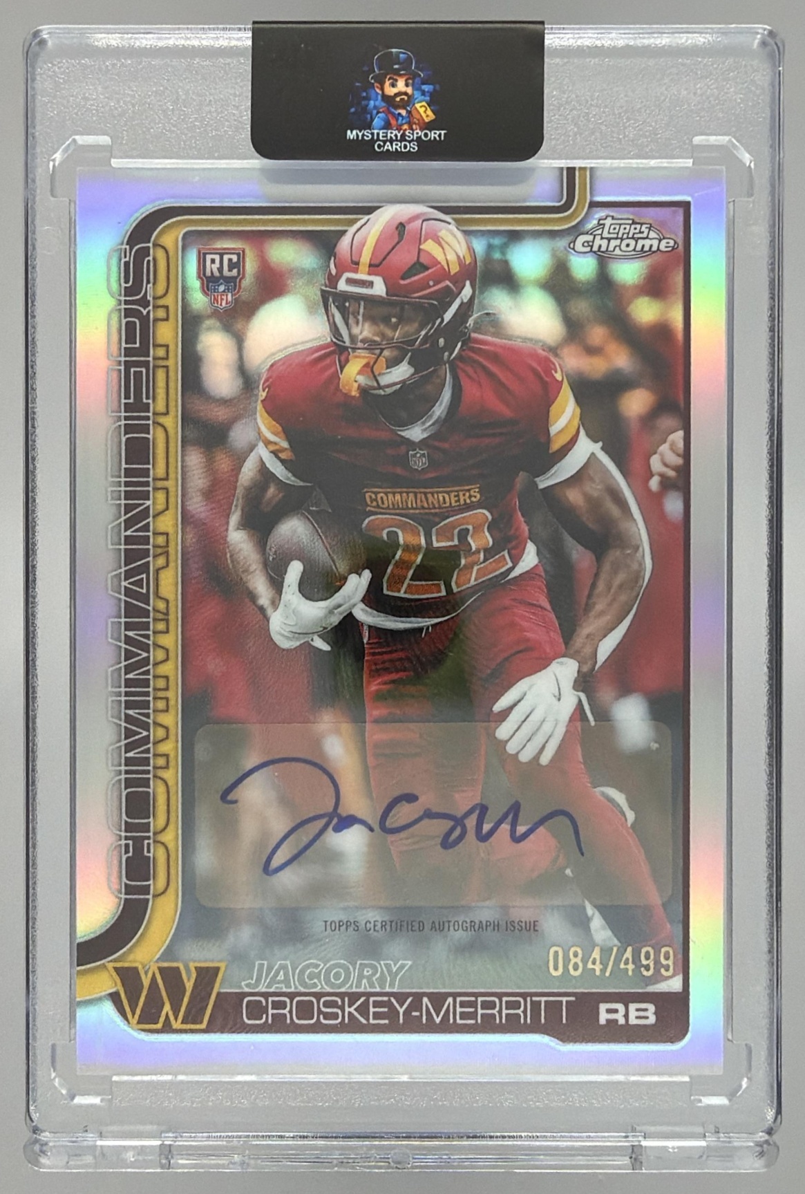 Card image for 2025 Topps Chrome Jacory Croskey-Merritt Rookie Auto Refractor /499 #RA-JCM RC Commanders