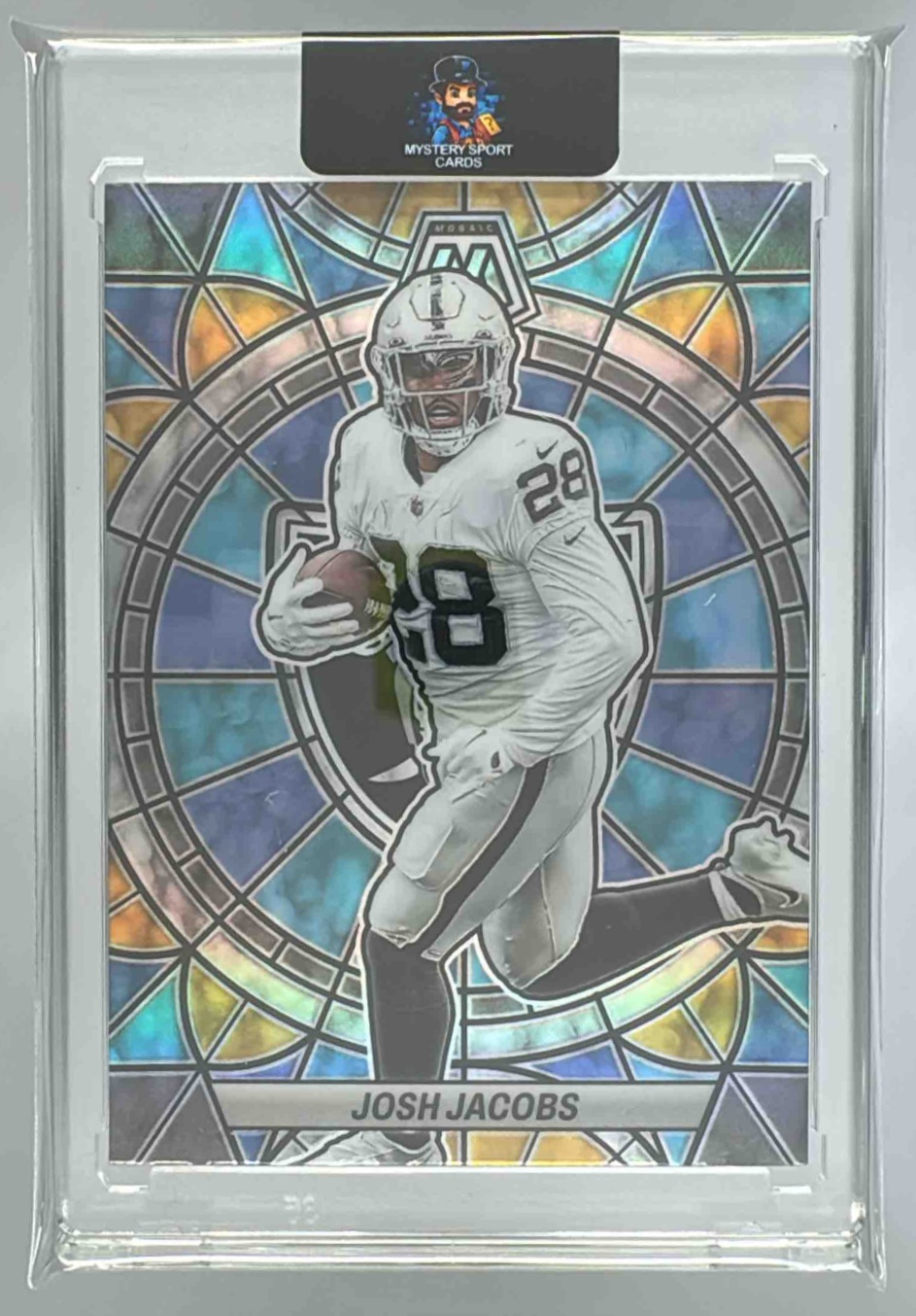 Card image for 2023 Panini Football Mosaic Josh Jacobs Stained Glass #SG-12 Las Vegas Raiders