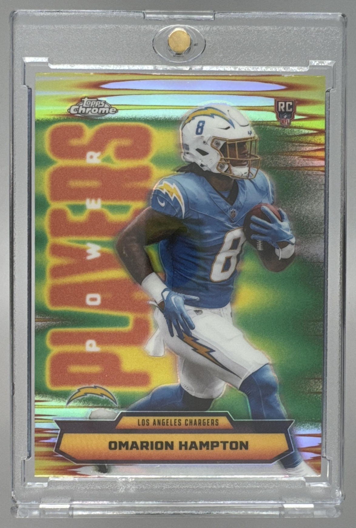 Card image for 2025 Topps Chrome Omarion Hampton Power Players Refractor #PP-17 RC Chargers