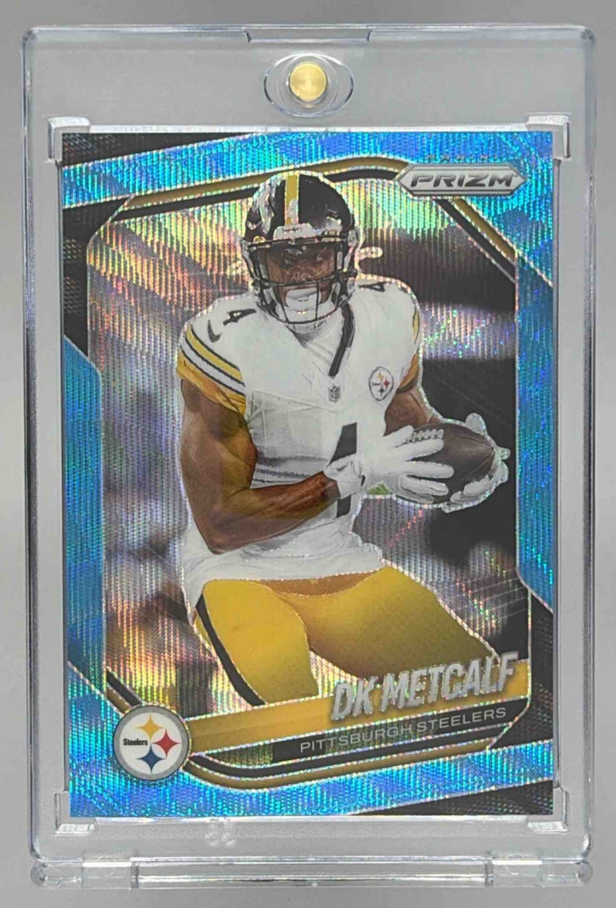 Card image for 2025 Panini Football Prizm DK Metcalf Blue Wave /230 #12 Pittsburgh Steelers