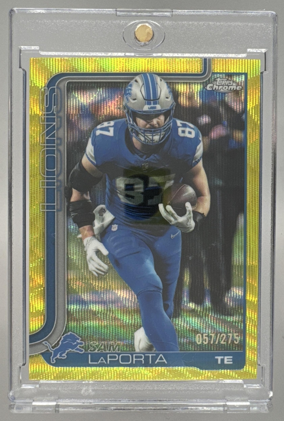 Card image for 2025 Topps Chrome Sam LaPorta Yellow Wave Refractor /275 #100 Lions