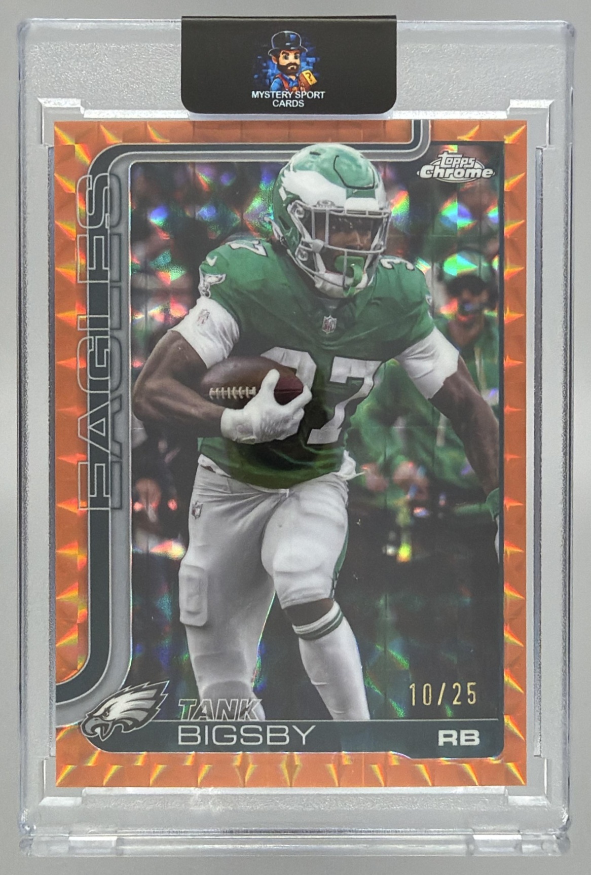 Card image for 2025 Topps Chrome Tank Bigsby Orange Geometric Refractor /25 #143 Eagles