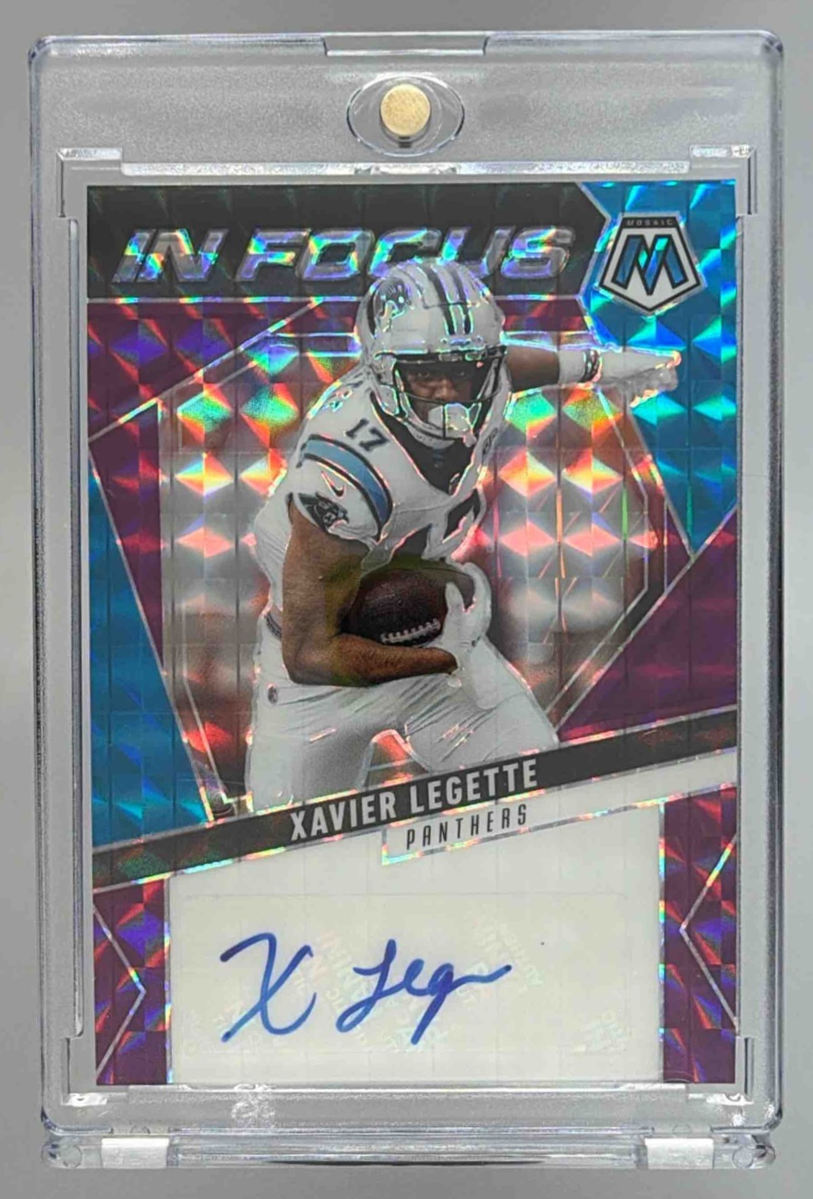 Card image for 2025 Panini Mosaic Xavier Legette In Focus Signatures Purple Prizm /49 #IFS-XLE Auto Panthers