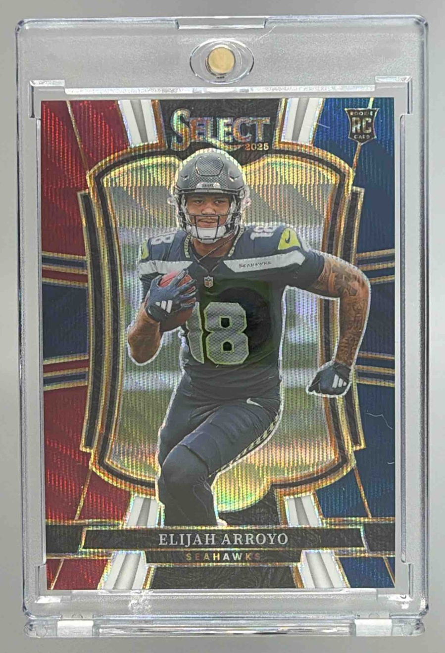 Card image for 2025 Panini Select Elijah Arroyo Premier Level Tri-Color Prizm /299 #114 RC Seahawks