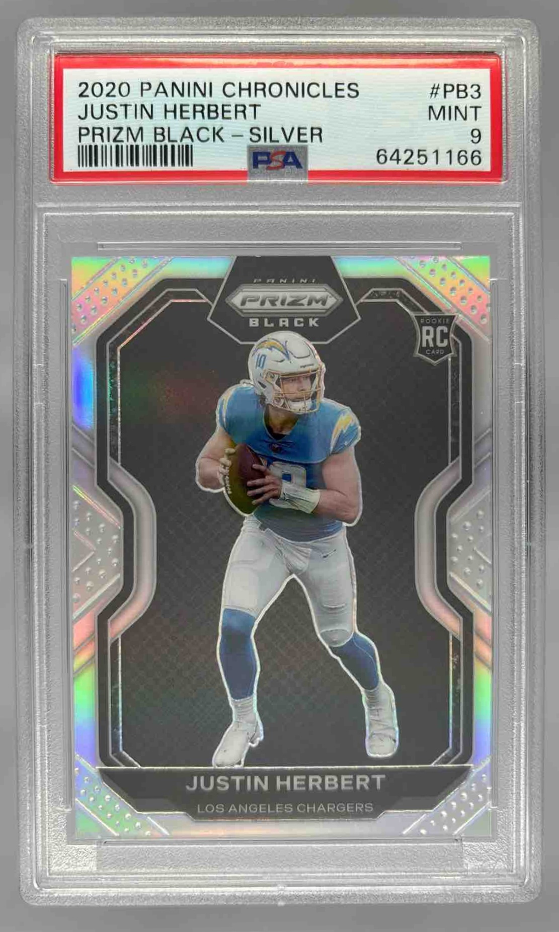 Card image for 2020 Panini Chronicles Justin Herbert Prizm Black Silver #PB-3 RC Chargers