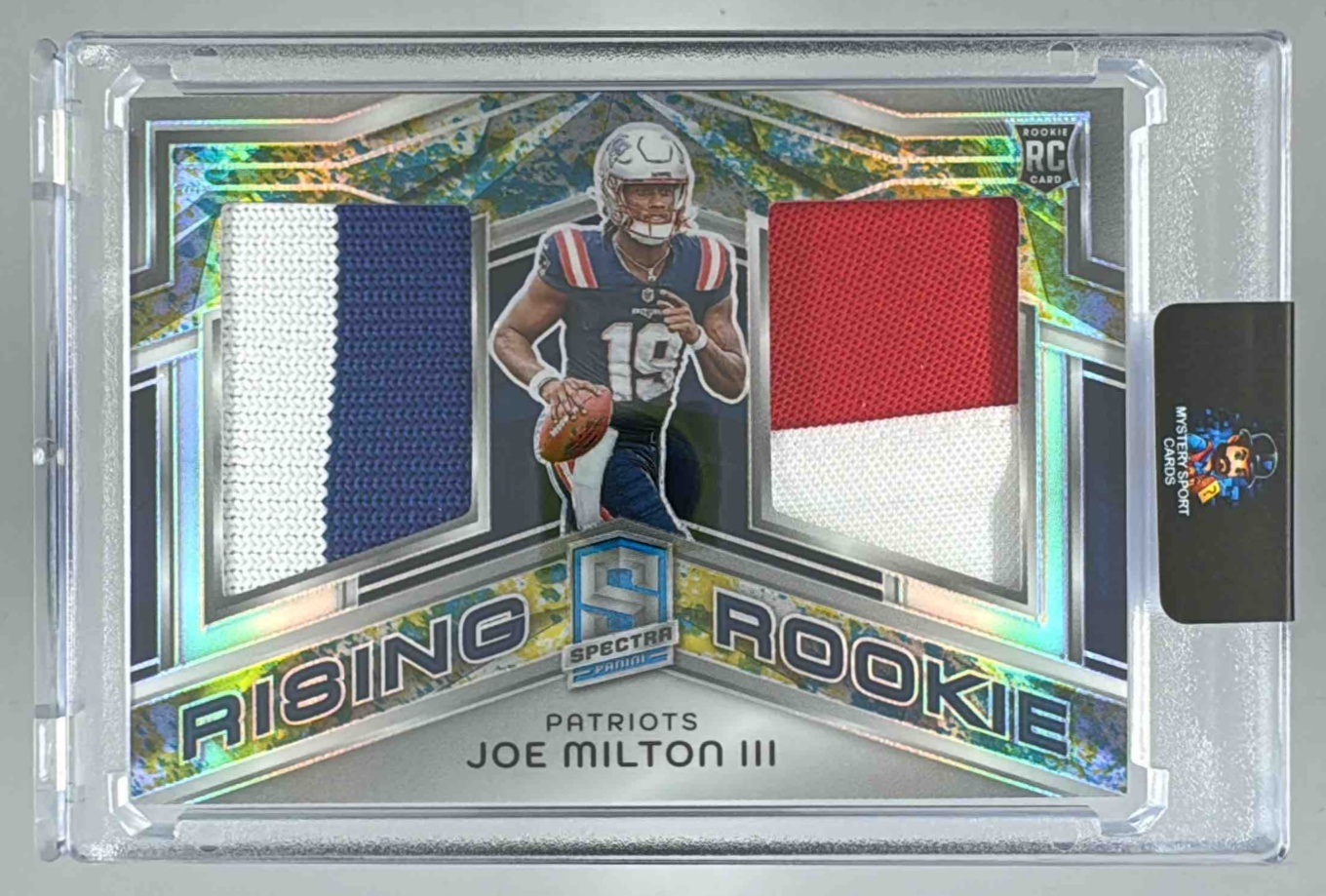 Card image for 2024 Panini Spectra Joe Milton III Rising Rookie Materials /99 #RRM-JMN RC Patriots