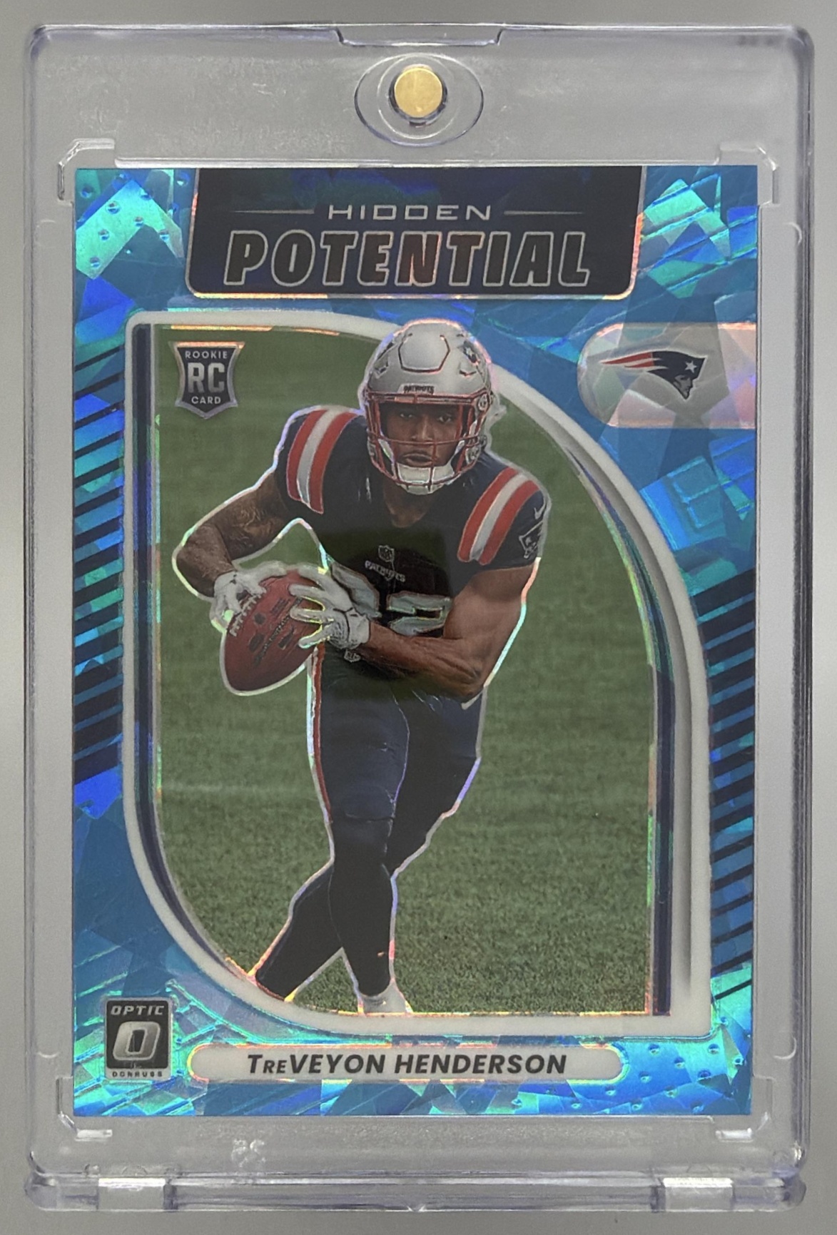 Card image for 2025 Panini Donruss Optic TreVeyon Henderson Hidden Potential Ice Prizm /55 #13 RC Patriots