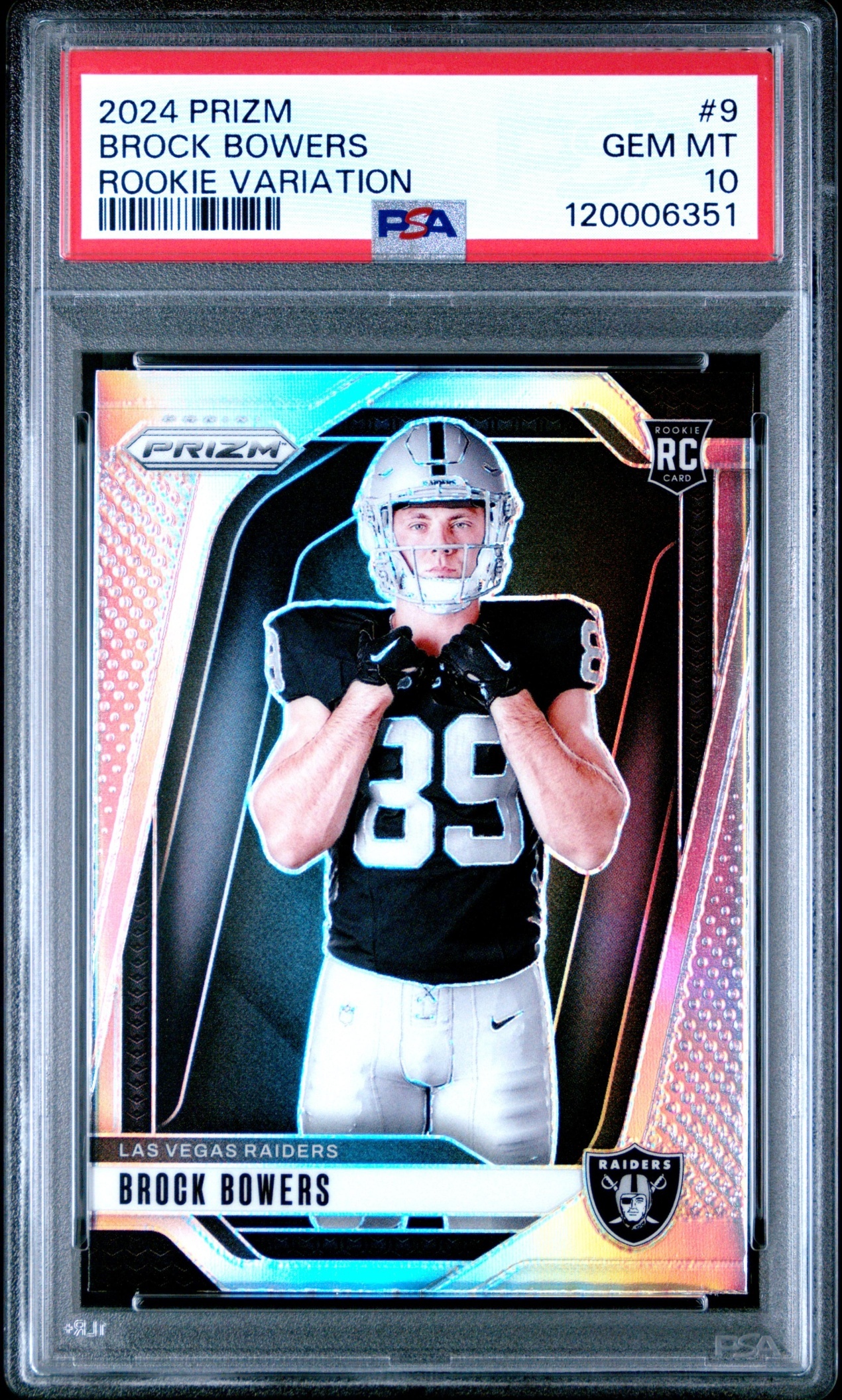 Card image for 2024 Panini Prizm Brock Bowers Rookie Variations Green Wave #9 RC VAR Raiders