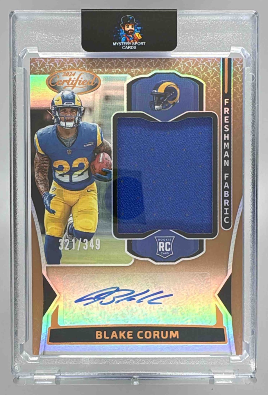 Card image for 2024 Panini Certified Blake Corum Freshman Fabric Mirror Signatures Bronze /349 #FMS-BCM MEM RC Auto Rams