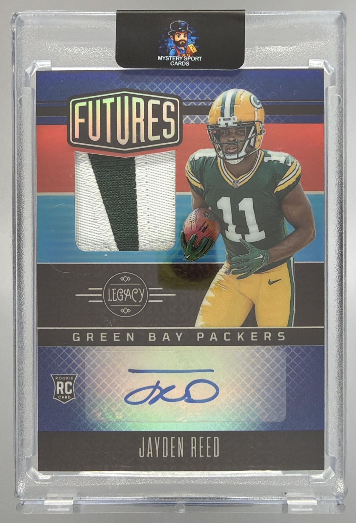 Card image for 2023 Panini Legacy Jayden Reed Futures Patch Auto Sapphire /25 #FAPS-15 MEM RC Packers