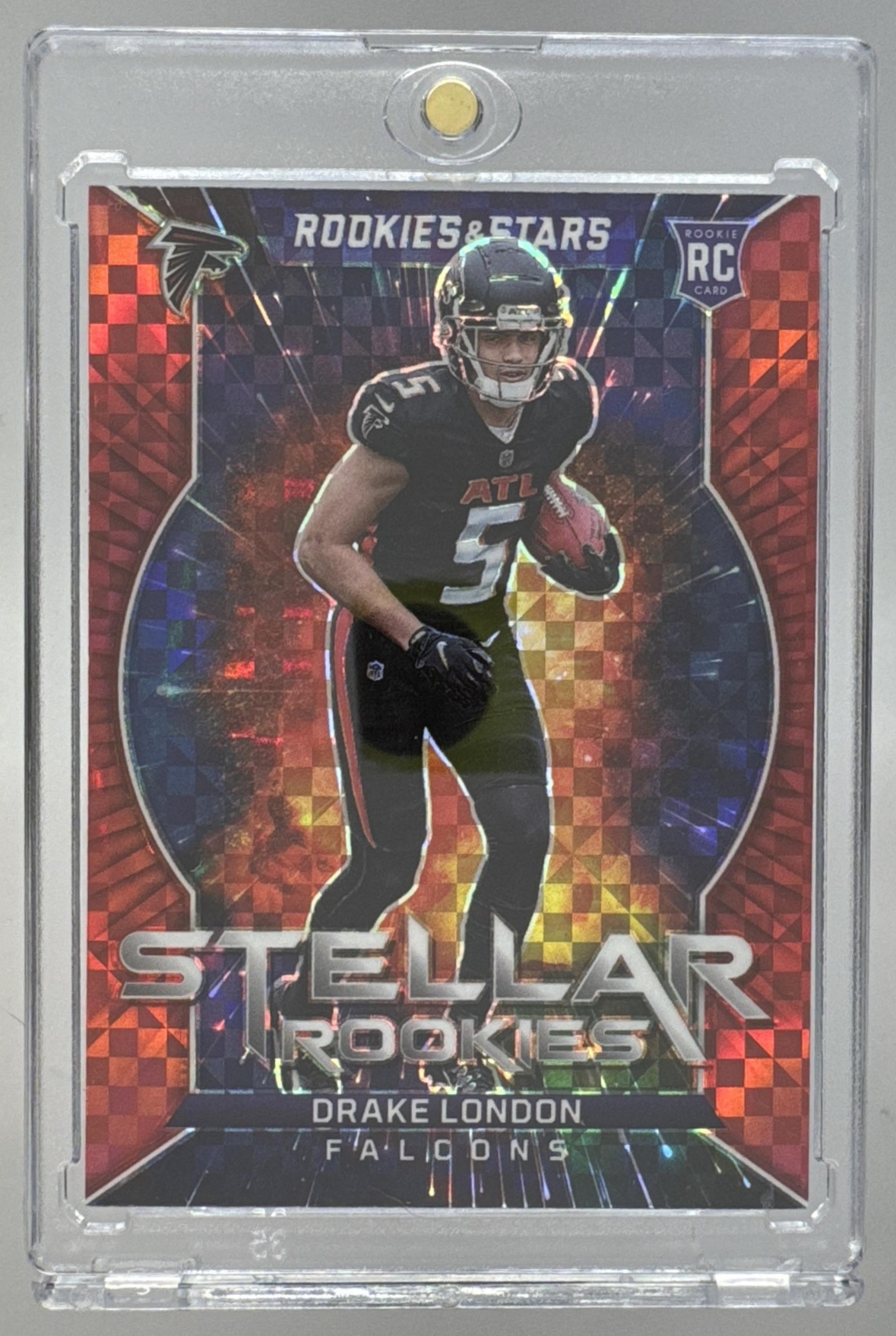 Card image for 2022 Panini Rookies & Stars Drake London Stellar Red Plaid #SR-9 RC Falcons