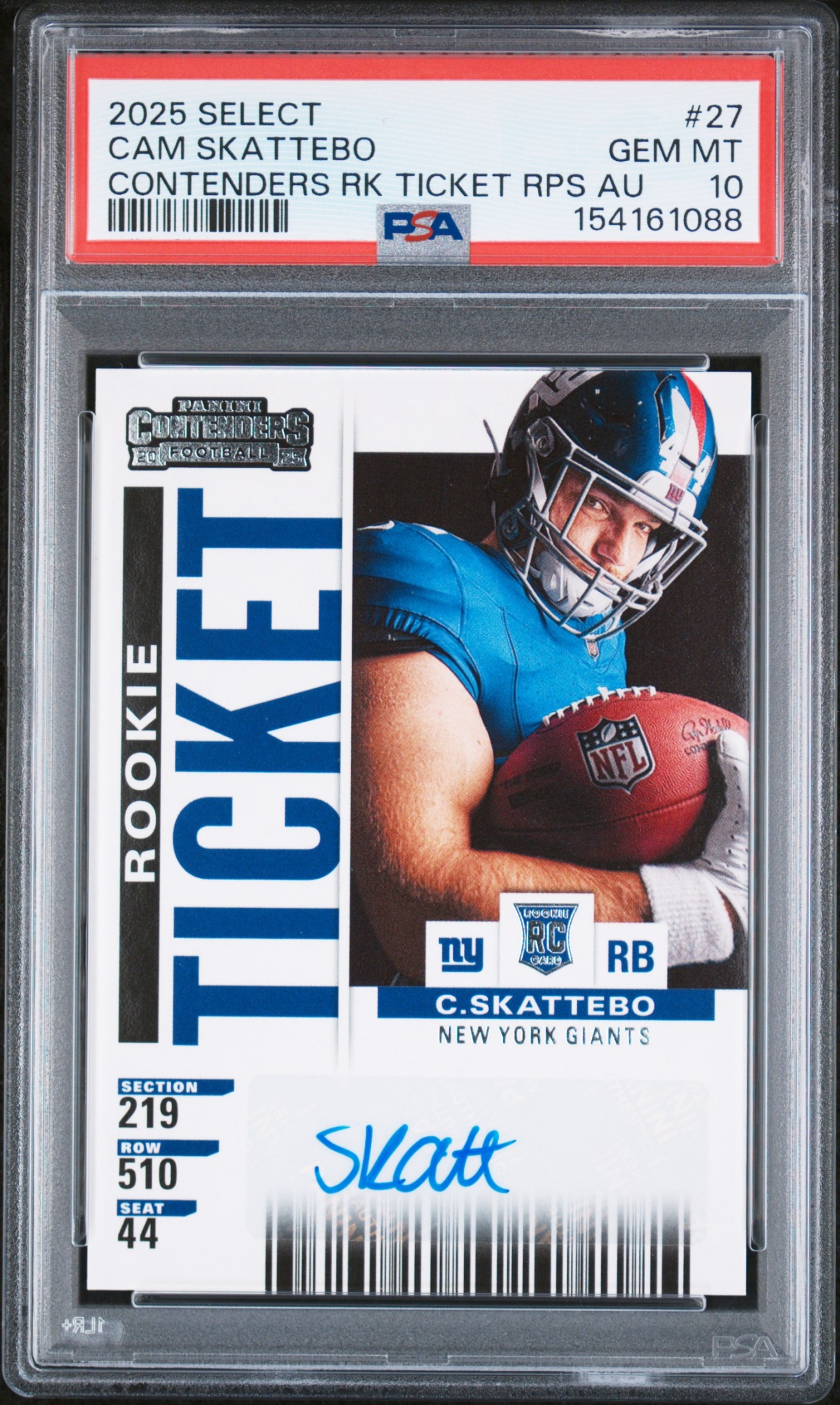 Card image for 2025 Panini Select Cam Skattebo Contenders Rookie Ticket RPS #27 RC Auto Giants PSA 10
