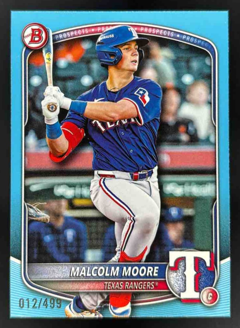 Card image for 2025 Bowman Draft Malcolm Moore Sky Blue Border /499 #BD-191 Rangers