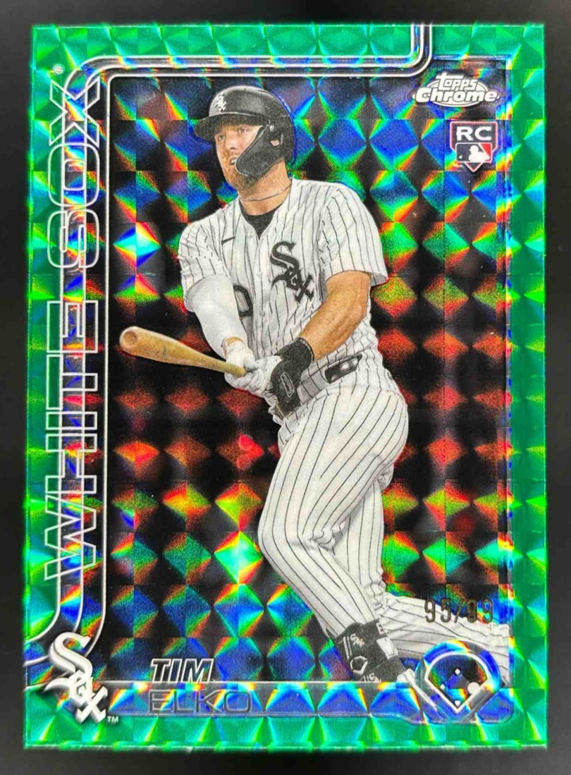 Card image for 2025 Topps Chrome Update Tim Elko Green Geometric Refractor /99 RC