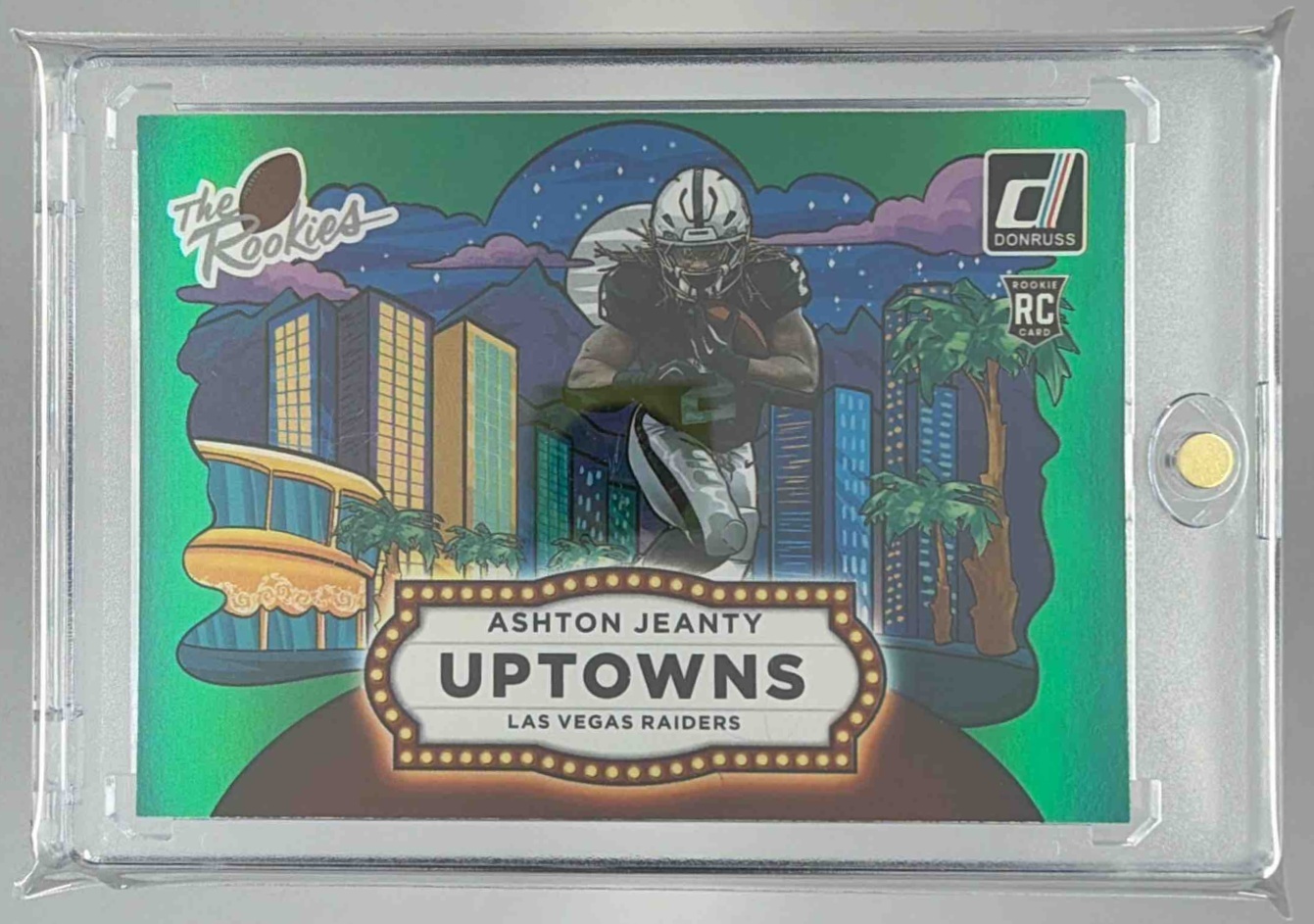 Card image for 2025 Panini Donruss Rookies & Highlights Ashton Jeanty Uptown Horizontal Green #TRU-10 RC SSP Raiders