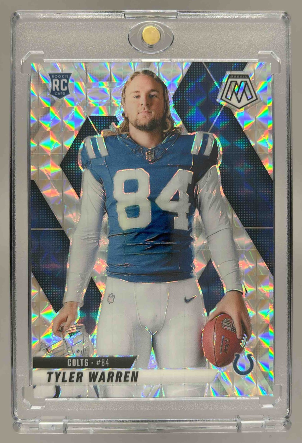 Card image for 2025 Panini Mosaic Tyler Warren Rookie Variation Silver Prizm #281 RC Colts