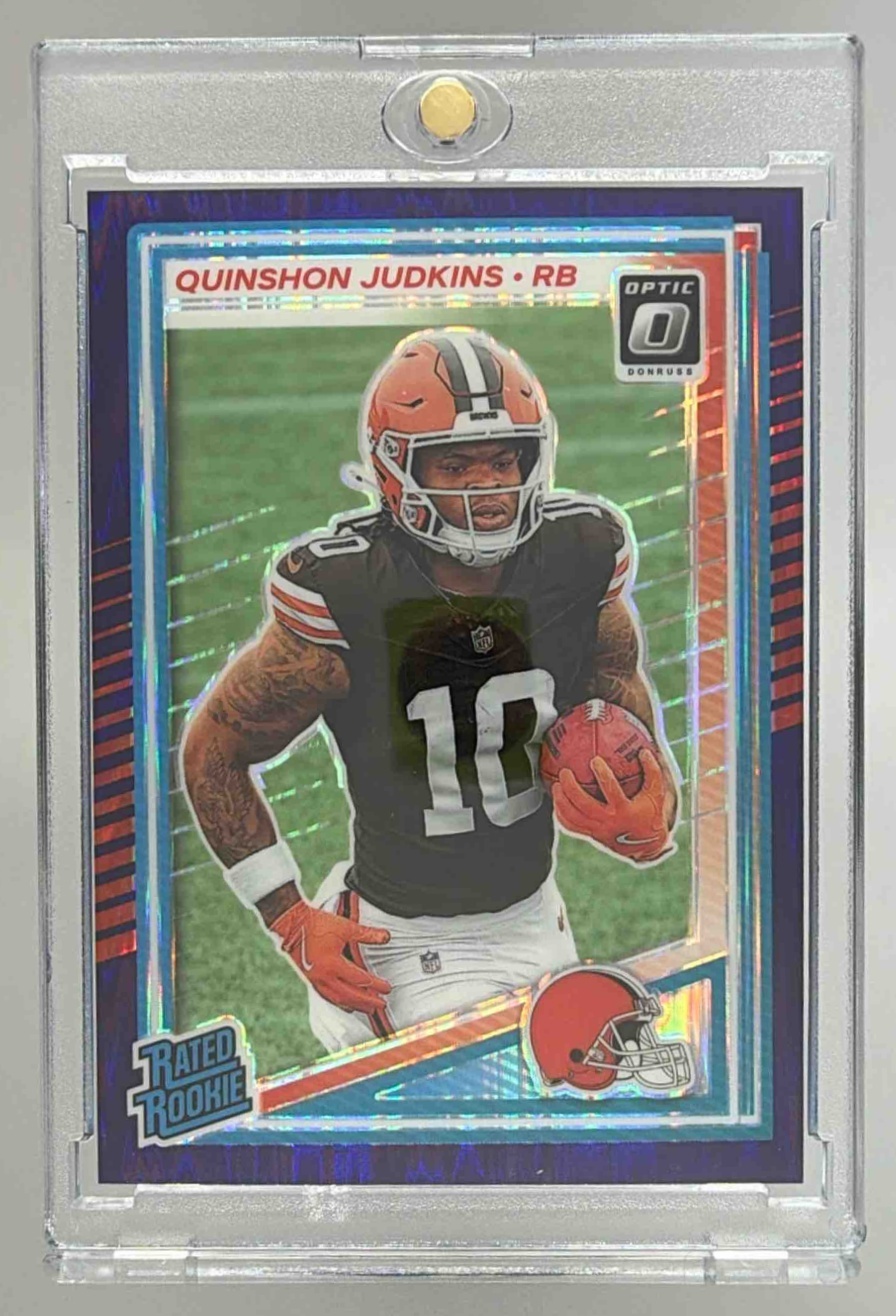 Card image for 2025 Panini Donruss Optic Quinshon Judkins Rated Rookie Purple Shock Prizm #252 Browns