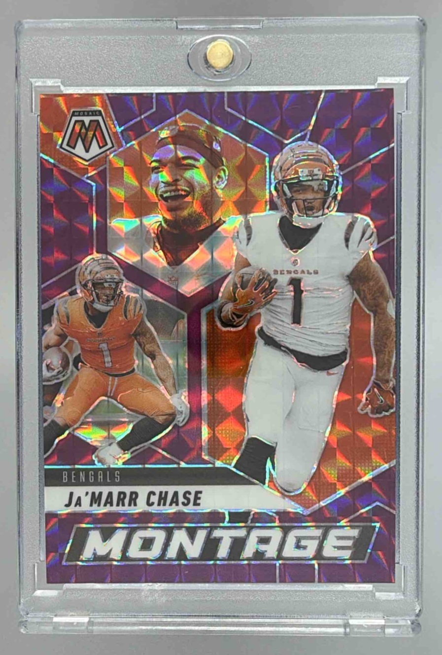 Card image for 2025 Panini Mosaic Ja'Marr Chase Montage Purple Prizm /49 #9 Bengals