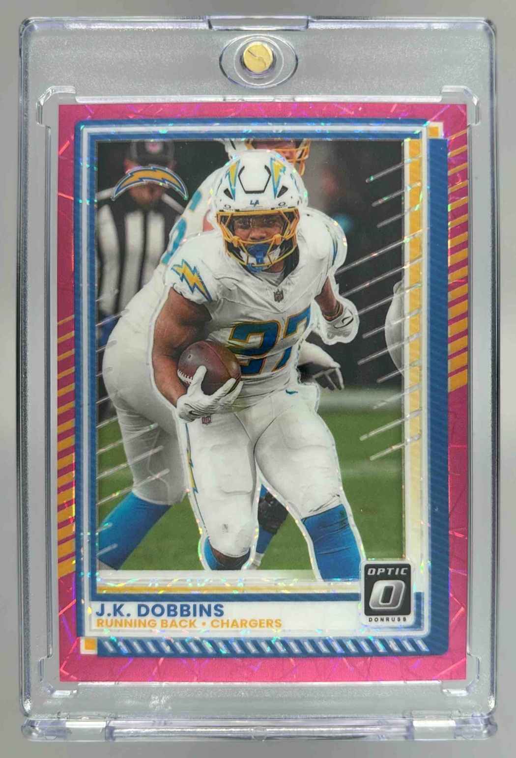Card image for 2025 Panini Donruss Optic J.K. Dobbins Pink Velocity Prizm /99 #55 Chargers