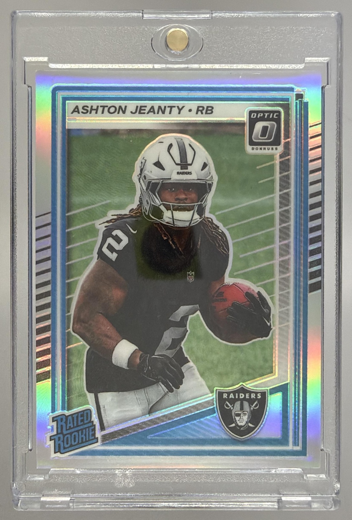 Card image for 2025 Panini Donruss Optic Ashton Jeanty Rated Rookie Green Hyper Prizm #202 Raiders