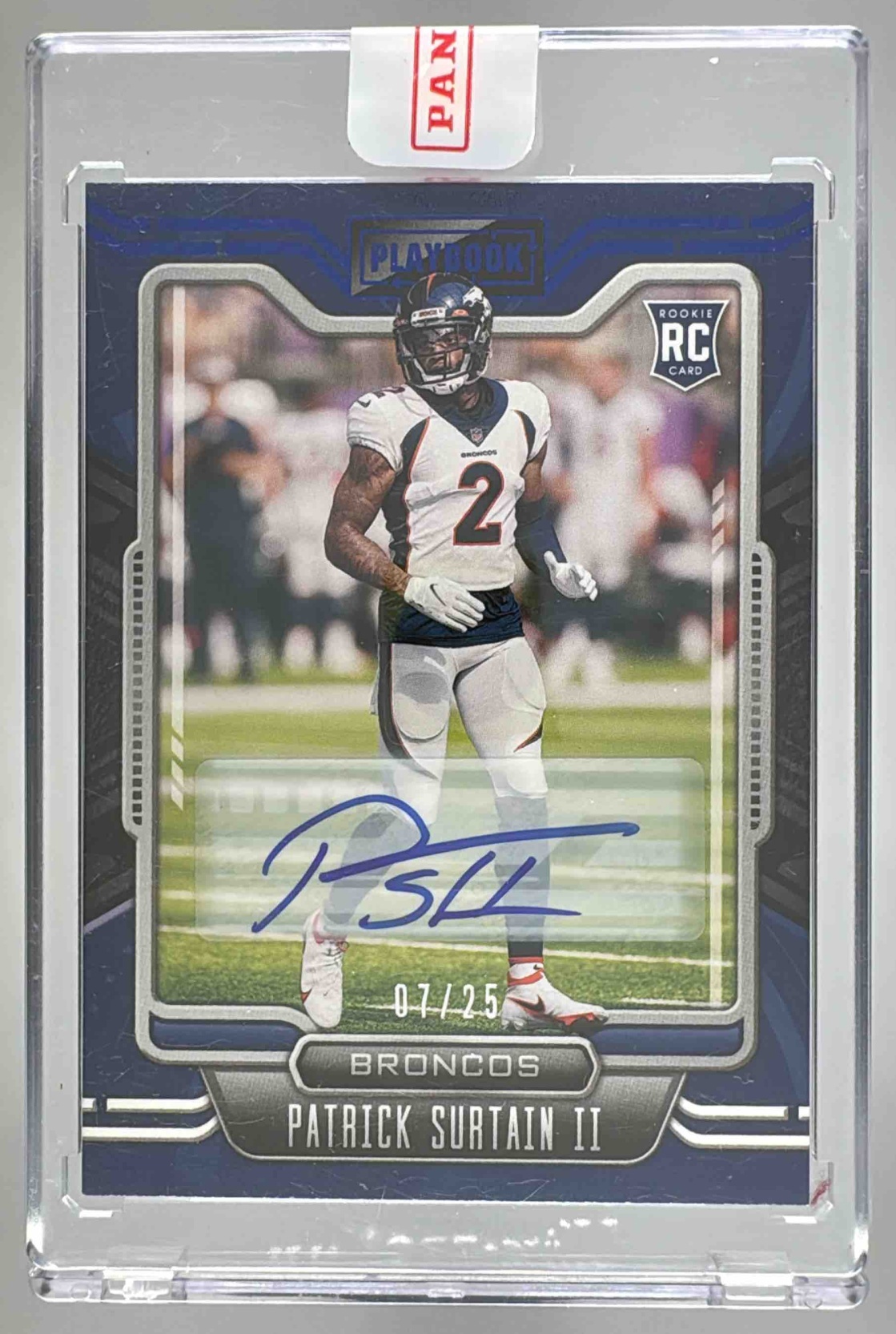 Card image for 2021 Panini Playbook Patrick Surtain II Signatures Blue /25 #144 RC Auto Broncos