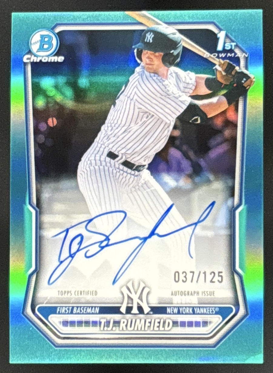 Card image for 2026 Bowman T.J. Rumfield Chrome Auto Aqua Refractor /125 1st Prospect