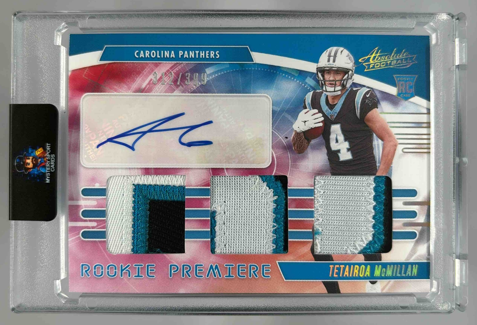Card image for 2025 Panini Absolute Tetairoa McMillan Rookie Premiere Materials Autos /399 #RPM-TMN RC MEM Auto Panthers
