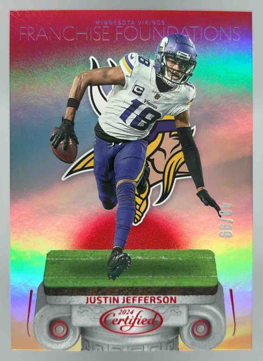 Card image for 2024 Panini Certified Justin Jefferson Franchise Foundations Red Mirror /99 #14 Vikings