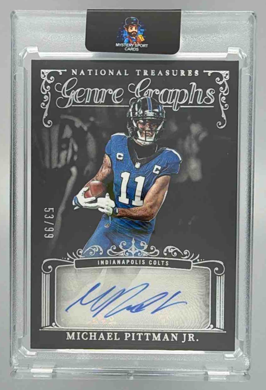 Card image for 2025 Panini National Treasures Michael Pittman Jr. Genre Graphs Auto /99 #GG-MPJ Colts