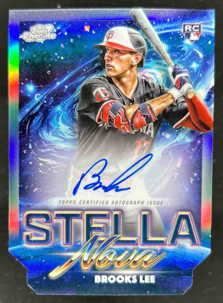 Card image for Brooks Lee 2025 Topps Baseball Cosmic Chrome Stella Nova Auto RC Minnesota Twins