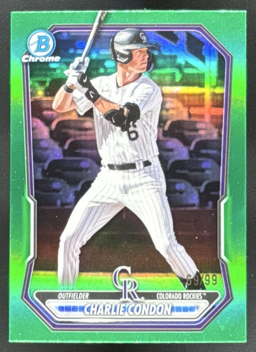 Card image for Charlie Condon 2026 Bowman Green Refractor /99 Chrome Prospects Colorado Rockies
