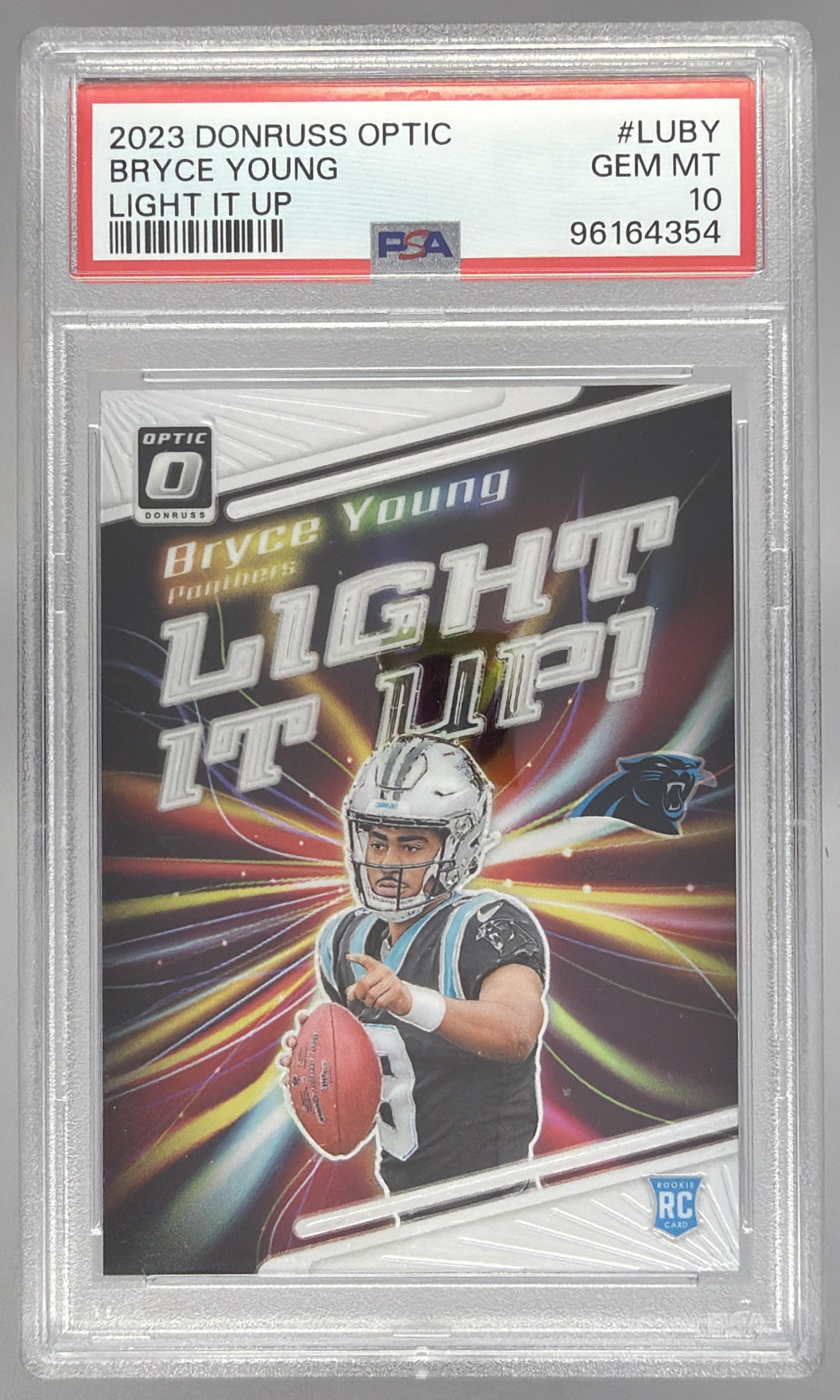 Card image for 2023 Panini Donruss Optic Bryce Young Light It Up! Holo Prizm #LU-BY RC Panthers